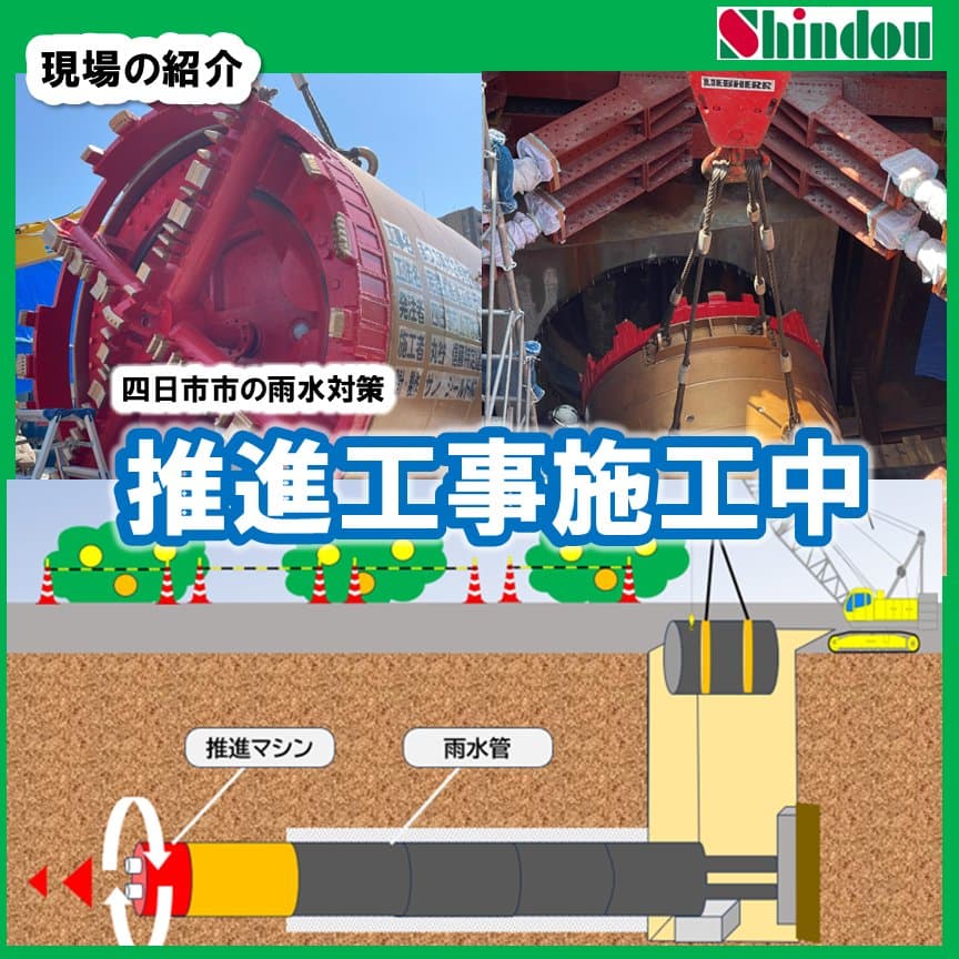 推進マシンの吊り込みの様子と、推進マシンで雨水管を地中に敷設する推進工法の図解